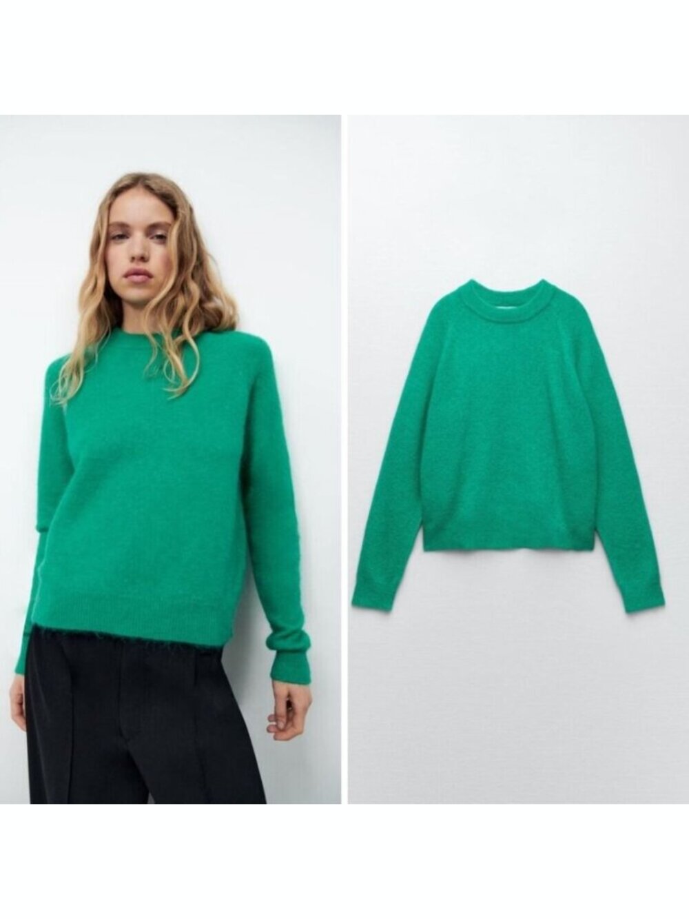 NWOT Zara Womens Alpaca Wool Crewneck Pullover Sweater in Green Size Medium